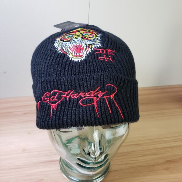 Ed Hardy One Size Embroidered Tiger Winter Beanie Hat Black Iconic Y2K New - Picture 1 of 7
